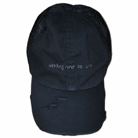 "WORKING NINE TO WINE" BLACK DISTRESSED SNAPBACK TRUCKER HAT - Picture 1 of 8